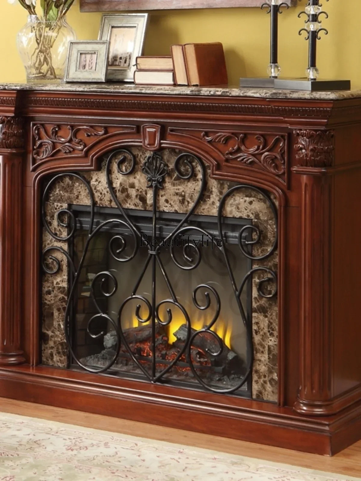 American pastoral solid wood mantel, carved fireplace decorative cabinet