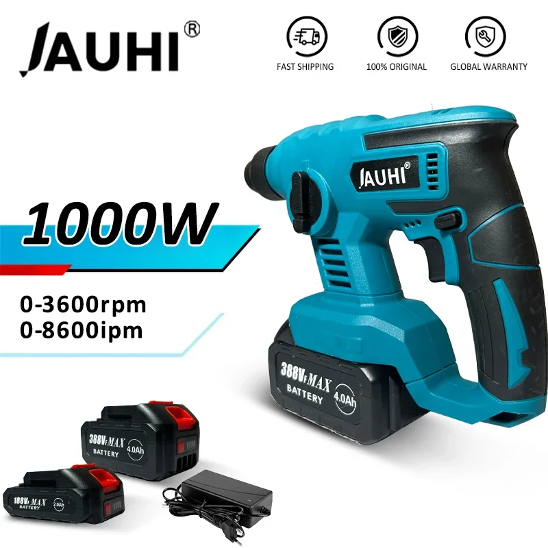 JAUHI 1000W 8600IMP Rechargeable Electric Hammer Cordless Multifunction Hammer Impact Drill Power Tool for Makita 18V Battery