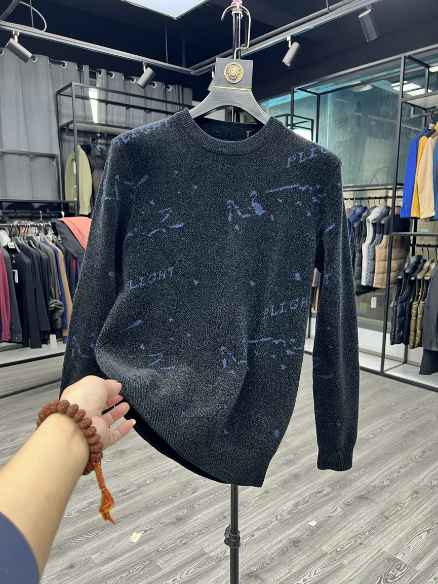 

Dujia Men's Knitted Sweater round Neck Long Sleeve Cashmere Wool Blend Casual Business Style Floral Embroidery Warmth