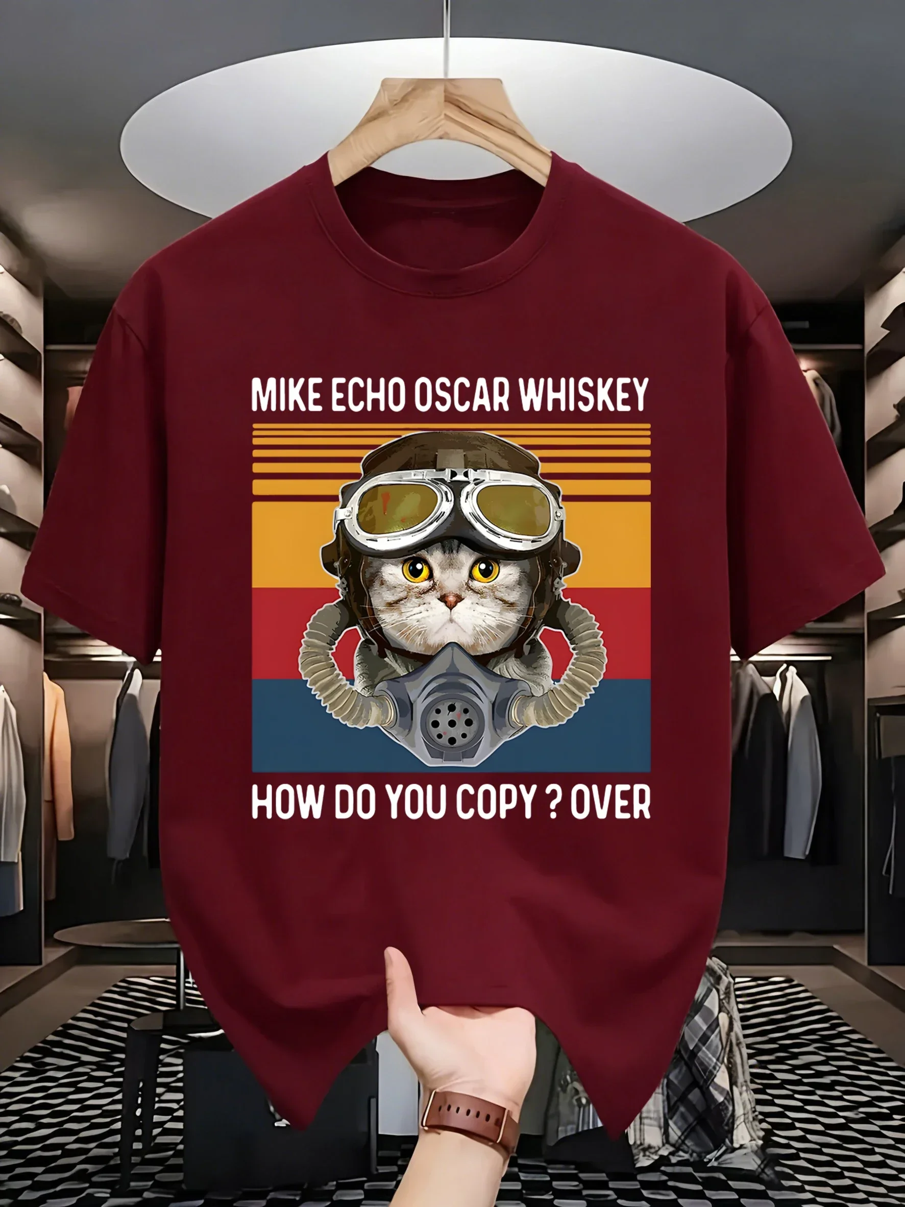 Cat Make Echo Oscar Whisky Print Men Casual Loose T Shirts Hip Hop Cotton Streetwear Summer All-Match Short Sleeve Fashion Tees
