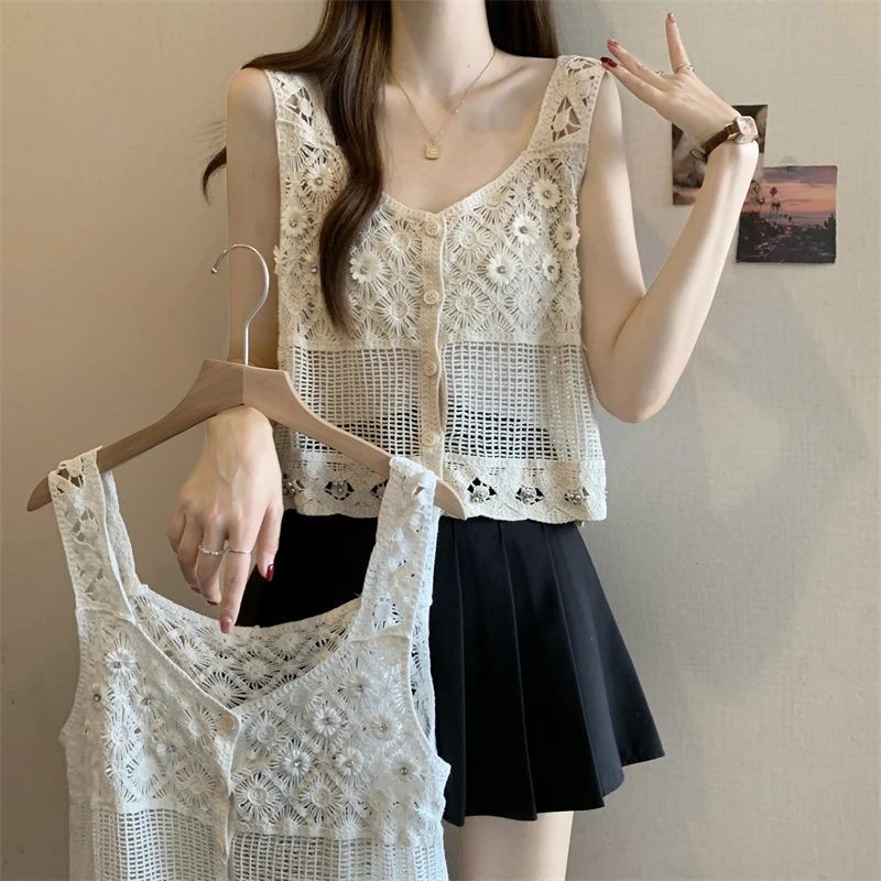 

Bohemian Style Korean Knitted Hollow out Strap Vest Women's Unique Hook Flower Outerwear Sleeveless Elegance Top