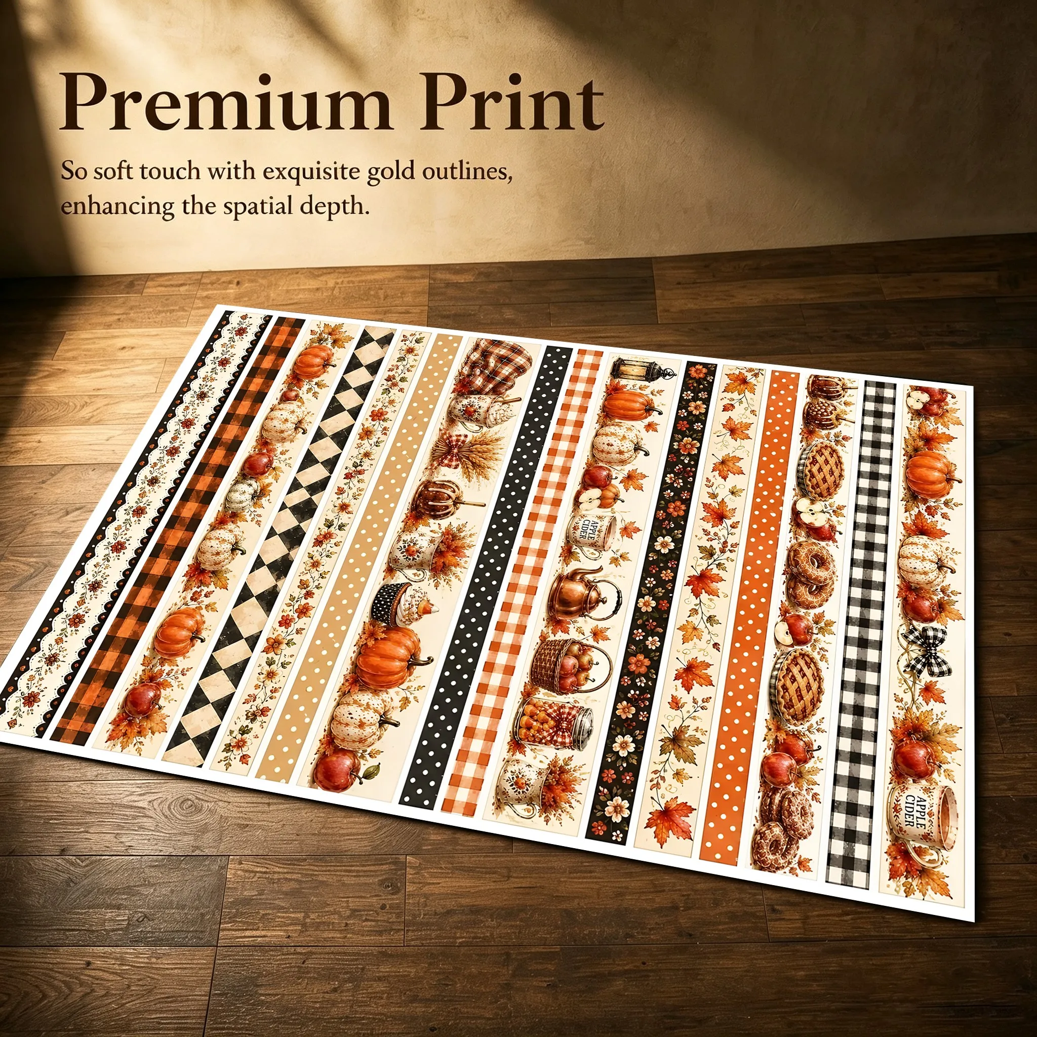 Pumpkin and Maple Leaf Striped American Retro Thanksgiving Velvet Rug for Living Room, Entryway, and Bedroom, Warm Autumn-Winter