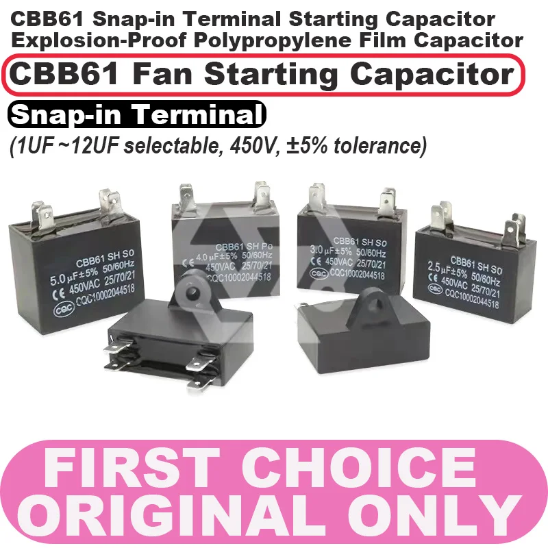 

​​CBB61 Snap-in Terminal Starting Capacitor for AC Outdoor Fan Motors​​ Explosion-Proof Polypropylene Film Capacitor