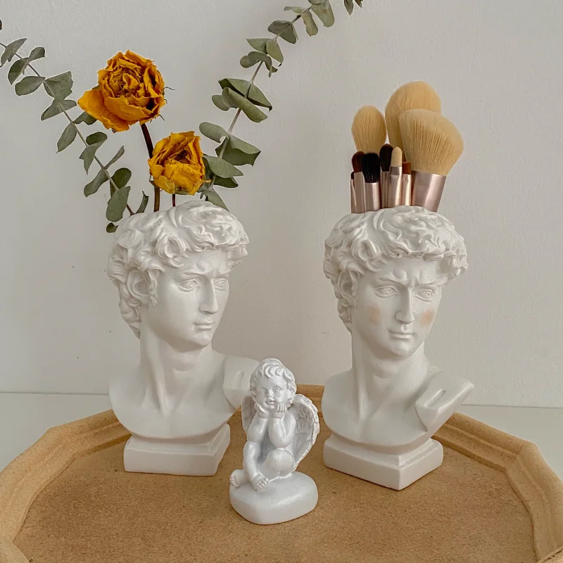 Nordic Portrait Vase Human Head Flower Vase Cachepot Resin David Sculpture Pen Holder Makeup Brush Storage Box Desk Accessories