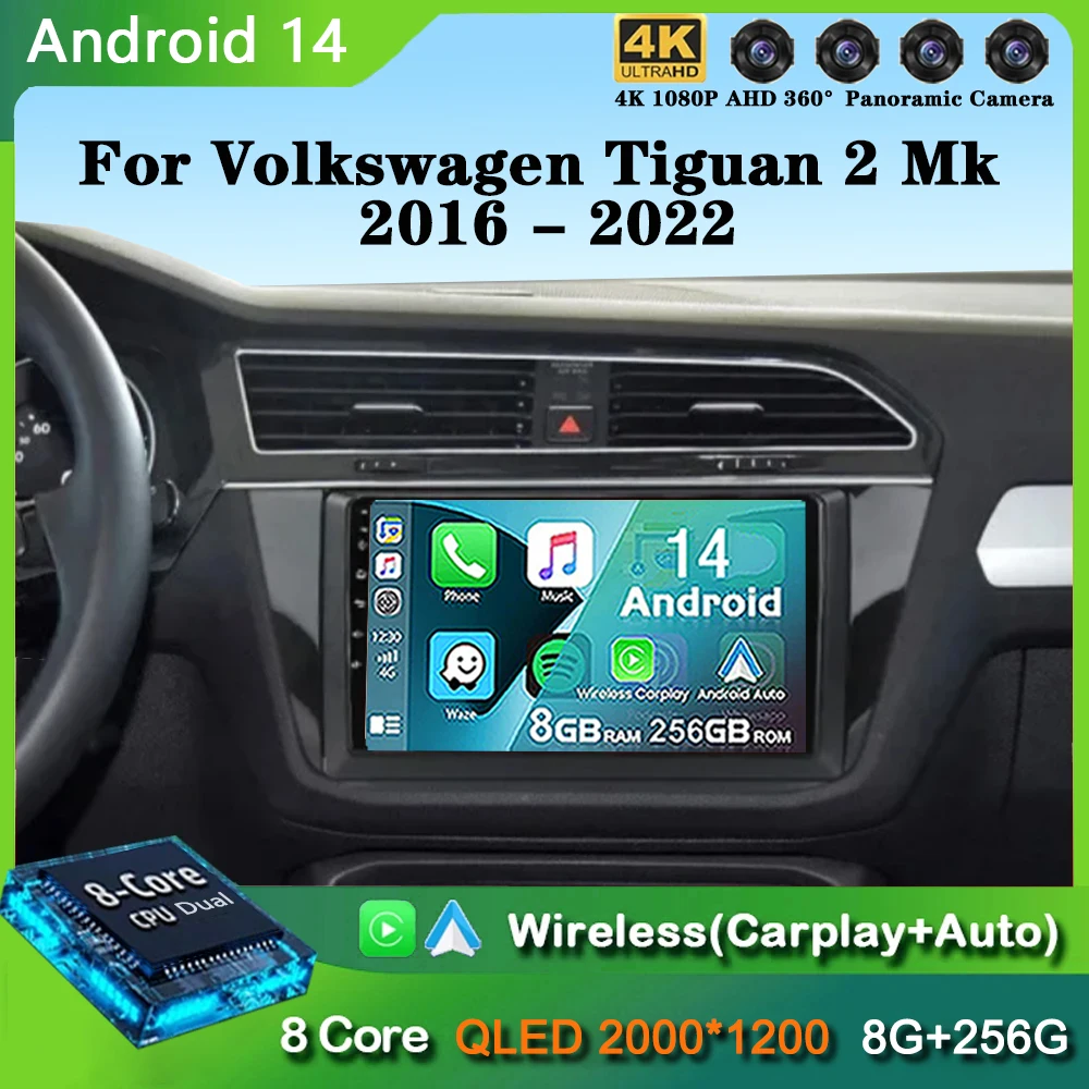 Radio samochodowe Android 14 Carplay dla Volkswagen Tiguan 2 Mk 2016-2022 Nawigacja GPS Odtwarzacz multimedialny stereo BT wifi + 4G Auto 2DIN