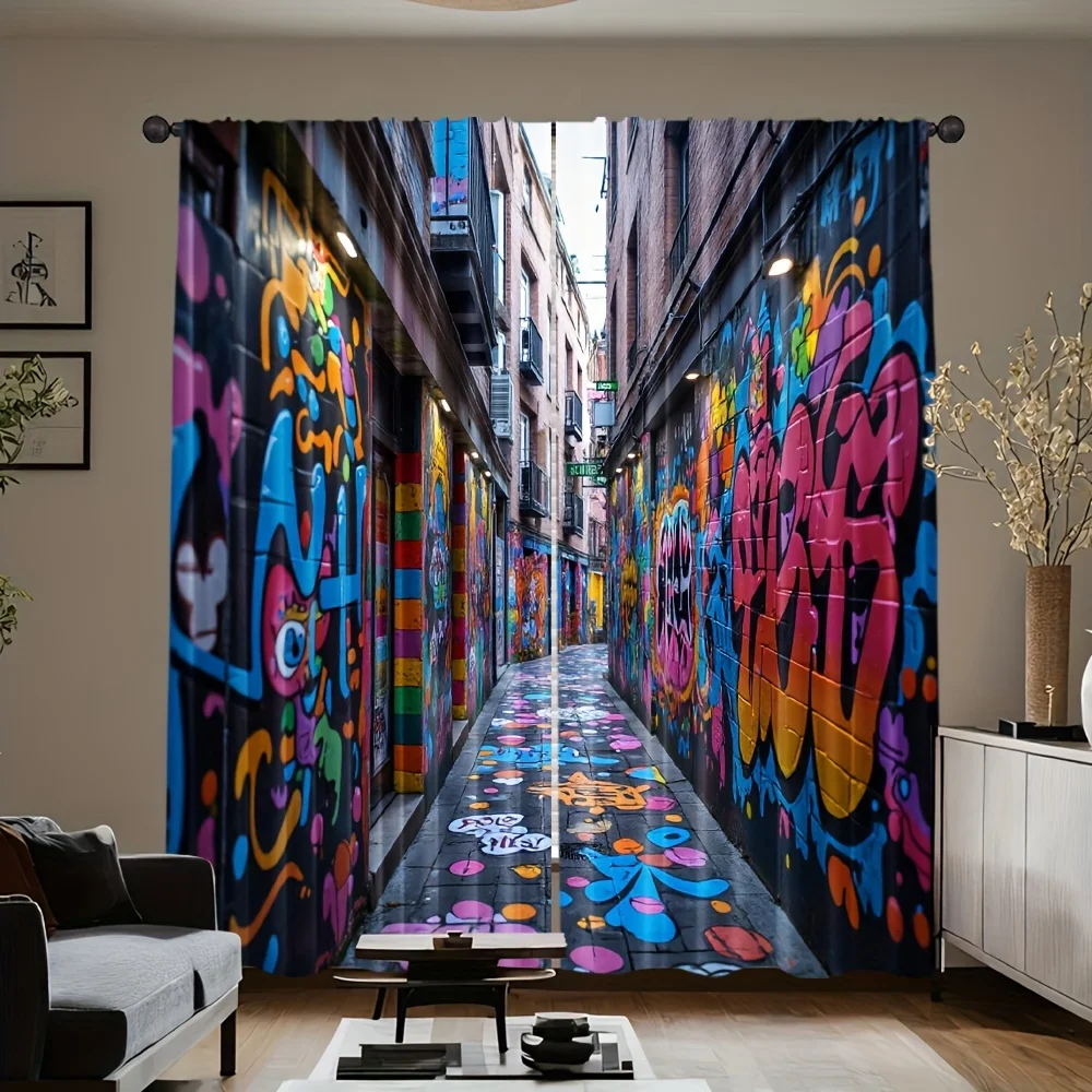 2 Panels Graffiti Street Art Rod Pocket Curtains Modern Hip Hop Print for Bedroom Living Room Outdoor Home Decor Drapes