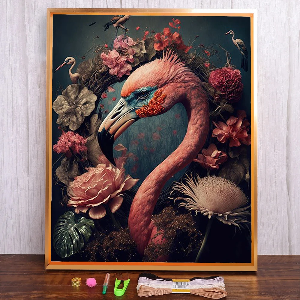 

Handmade Full Pattern Embroidery DIY Flower Flamingo Cotton Thread Embroidery Animal Print Cross Stitch Wall Art For Living Room