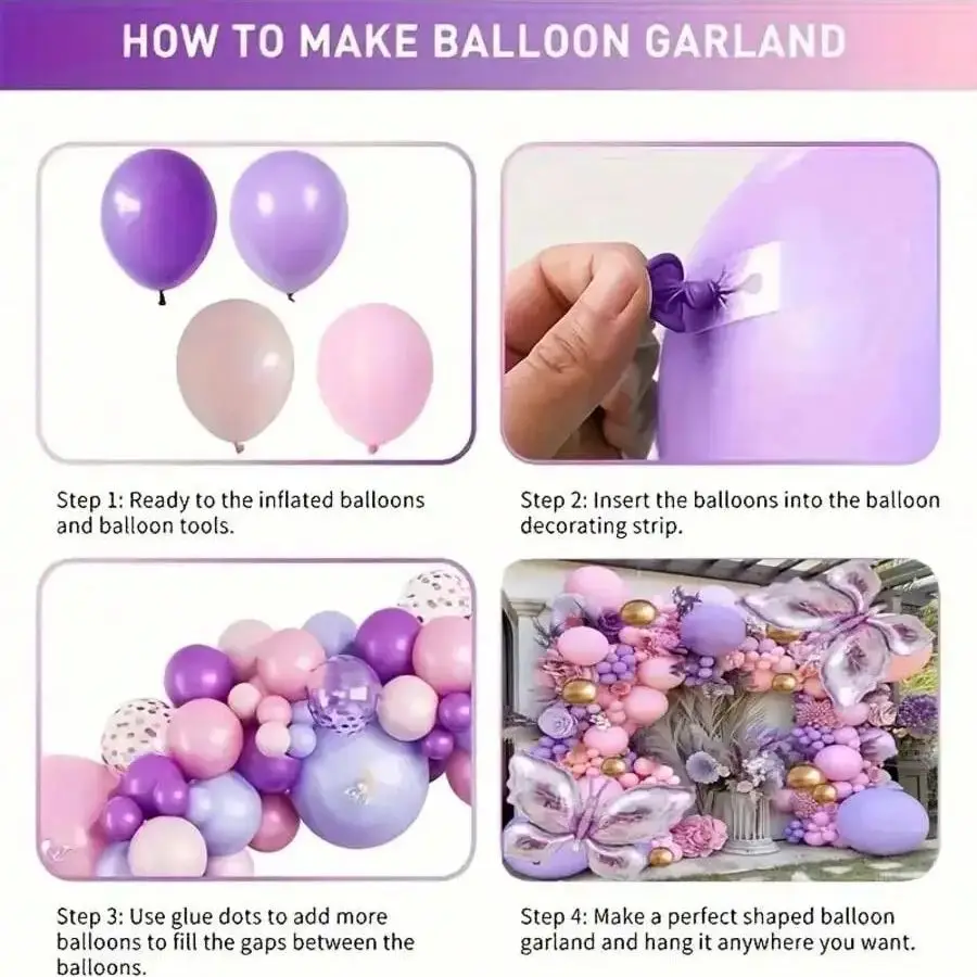 172 قطعة من بالونات من رقائق الألومنيوم على شكل فراشة أرجوانية مع شريط مجعد لحفلات أعياد الميلاد وحفلات الزفاف والعطلات