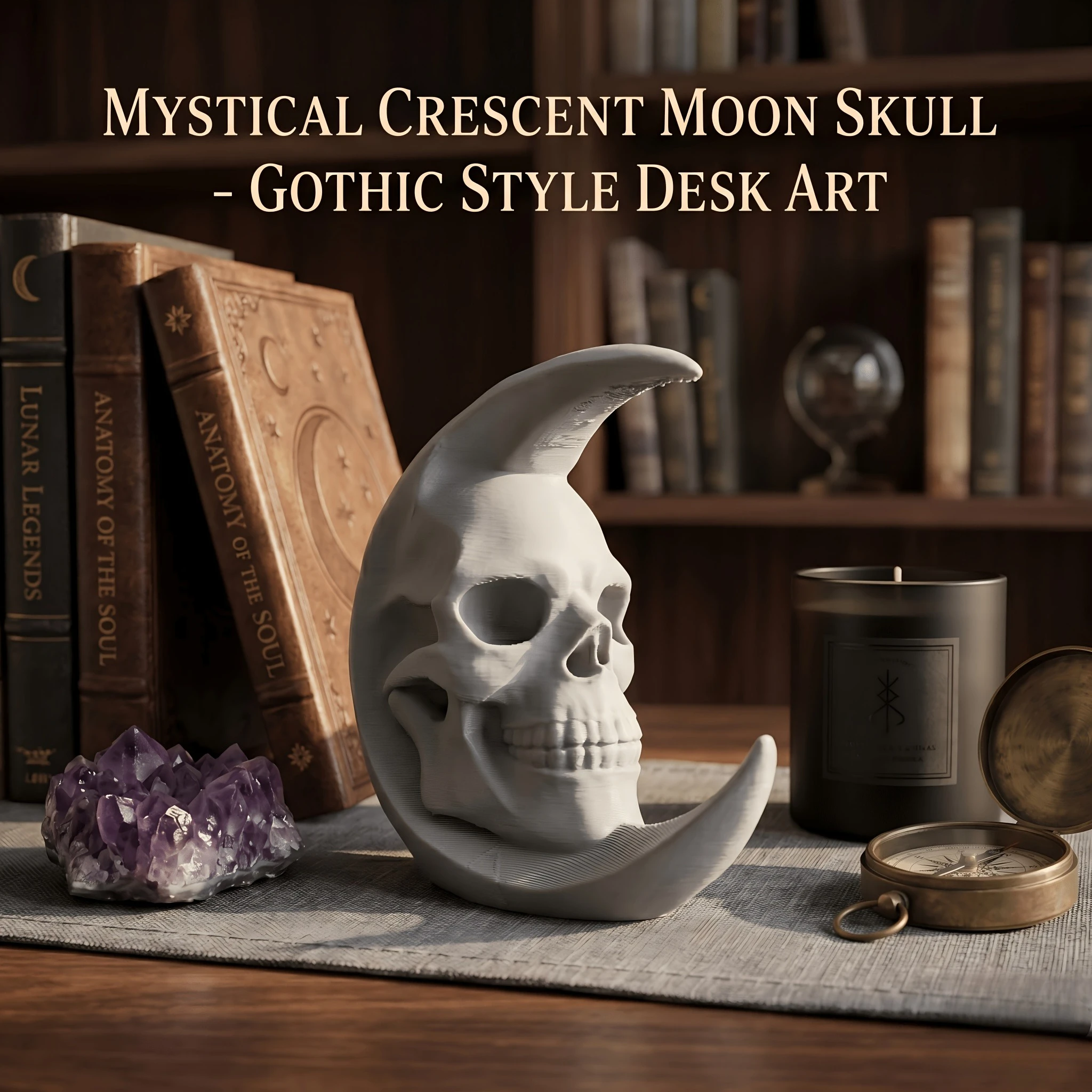 Figurine rétro Crâne et Lune Croissant, Ornement de bureau style gothique, Statue de méditation mystique Crâne et Lune, Décoration d'autel pour la maison et le bureau, Cadeau