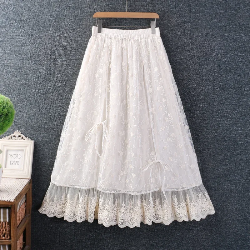 Lolita Embroidered Lace Mesh Skirt for Women, Kawaii Skirt, Elastic Waist, A-line, Cute, Sweet, Mori Girl, Spring, Summer