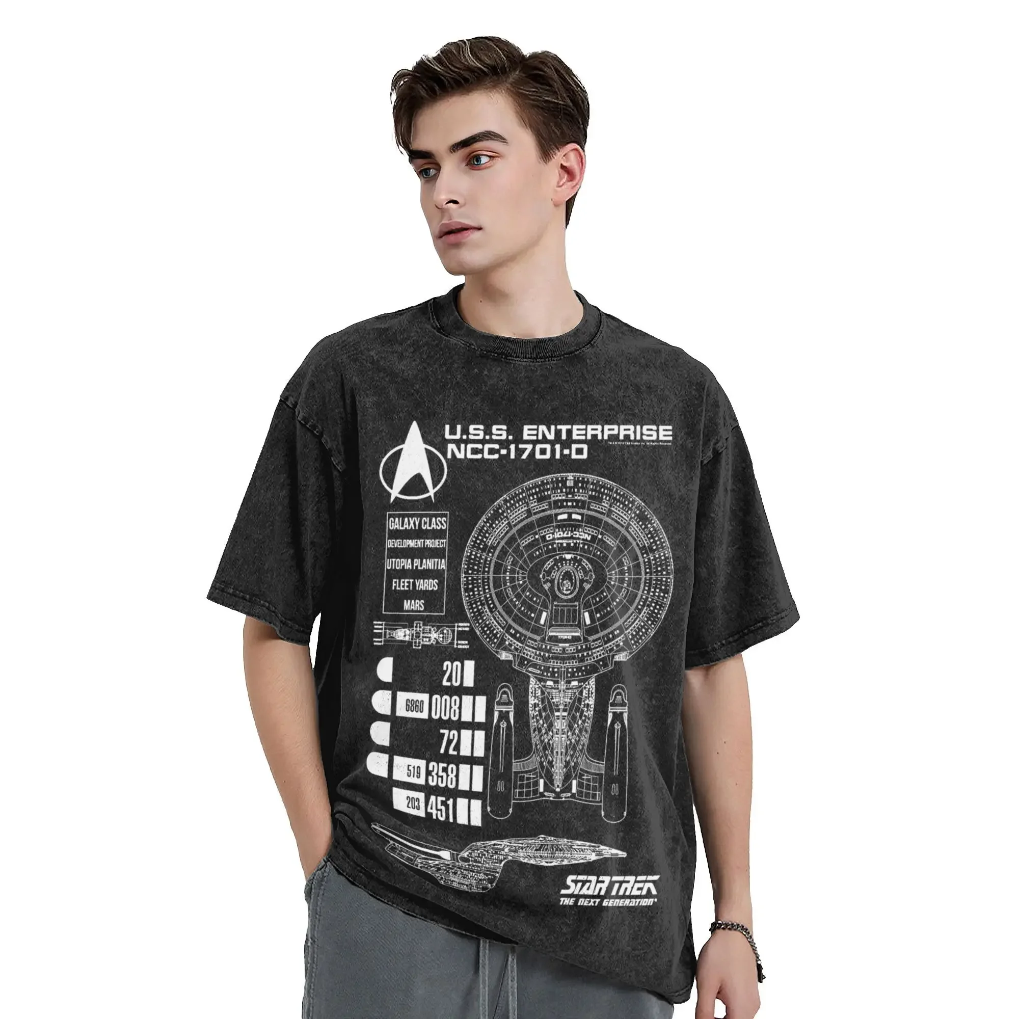 Printed Star Trek Next Generation U.S.S Enterprise Schematics  Washed T Shirts Outfit Harajuku T-Shirt  for Men Women Tee Shirt image 2
