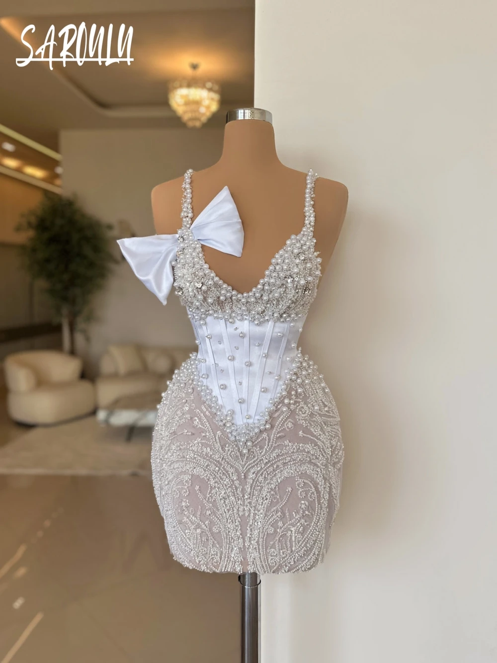 

White Pearls Fitted Waist Short Evening Dress Customized Charming Bow Sexy Prom Gown For Birthday Party Corset Beading Richly