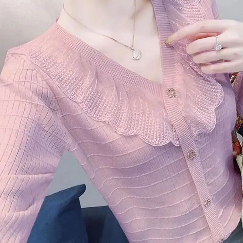 

Elegant Women Blouse With Ruffled Collar Sweet Style Knit Top Lightweight Spring Autumn Wear