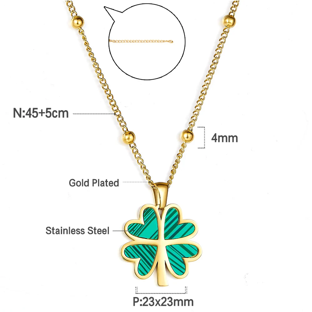 ASONSTEEL Pendant Necklace Green Four-Leaf Clover Charm Trendy Necklace Gold Color Stainless Steel 45+5cm For Women Daily Choker