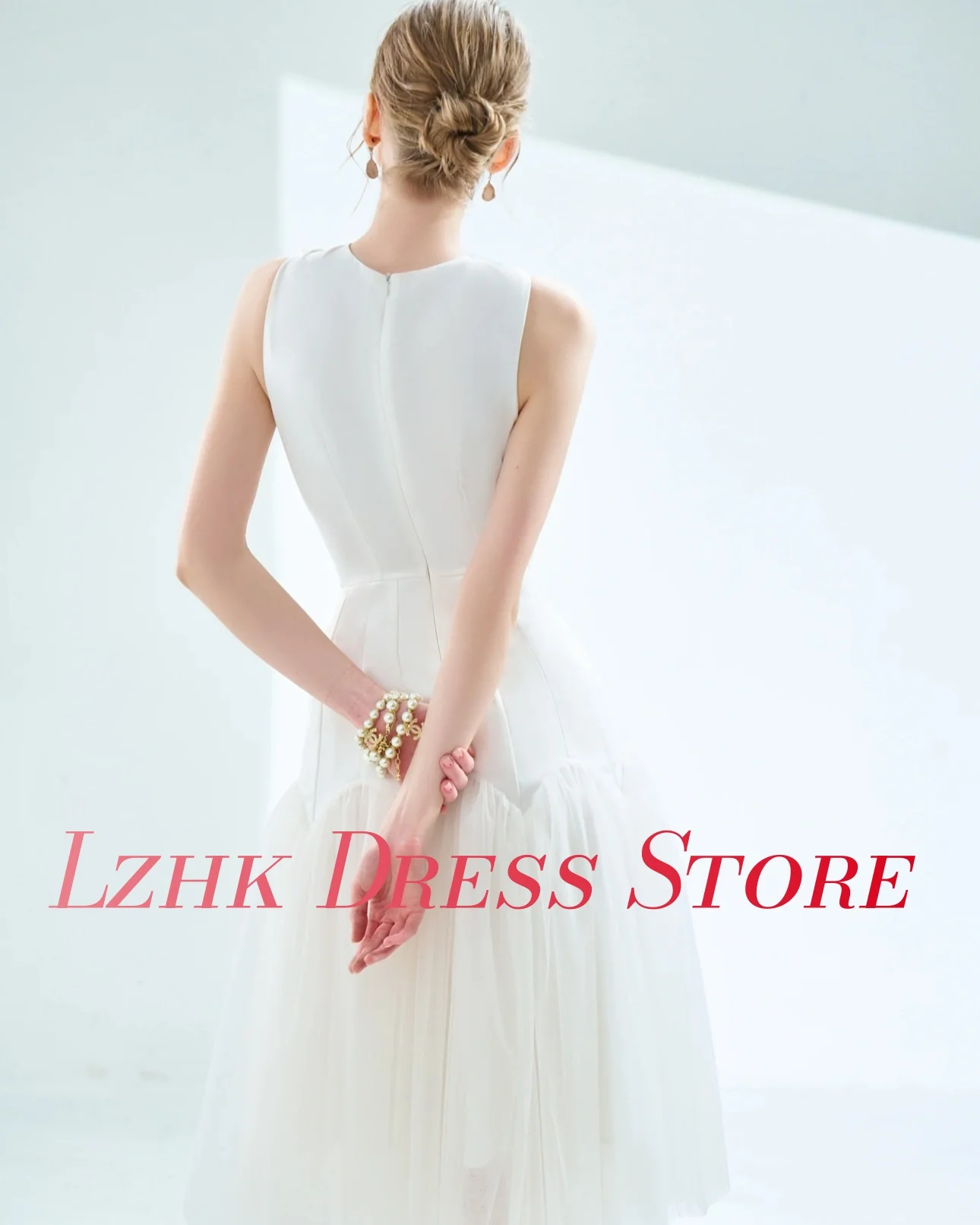 Personalizado requintado organza a linha de cristal 3d arco vestido de noite delicado sem mangas o pescoço chá comprimento sob medida vestidos de ocasião