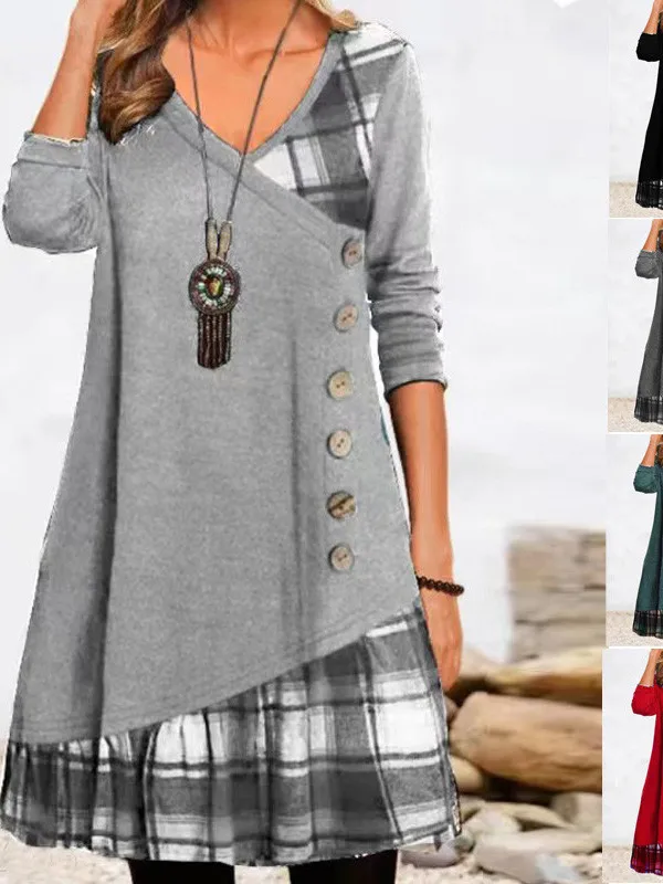 Długa spódnica damska w kratę z dekoltem w serek, długa, midi, w stylu streetwear, o kroju litery A, na wiosnę i jesień.