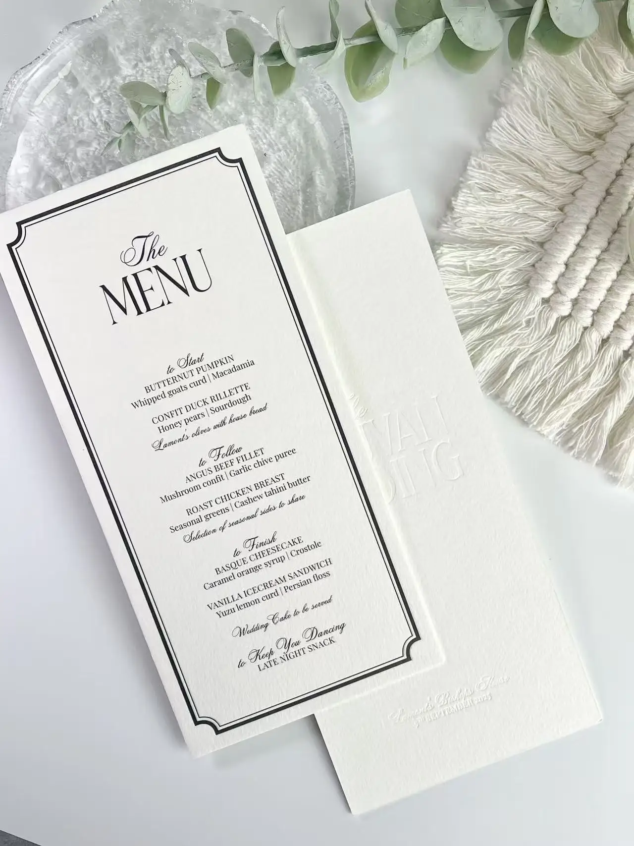 Letterpress Debossing Premium Cotton Paper Menu Card, Wedding Restaurant Dinner Table Place Card, Elegant Blank Food Menu