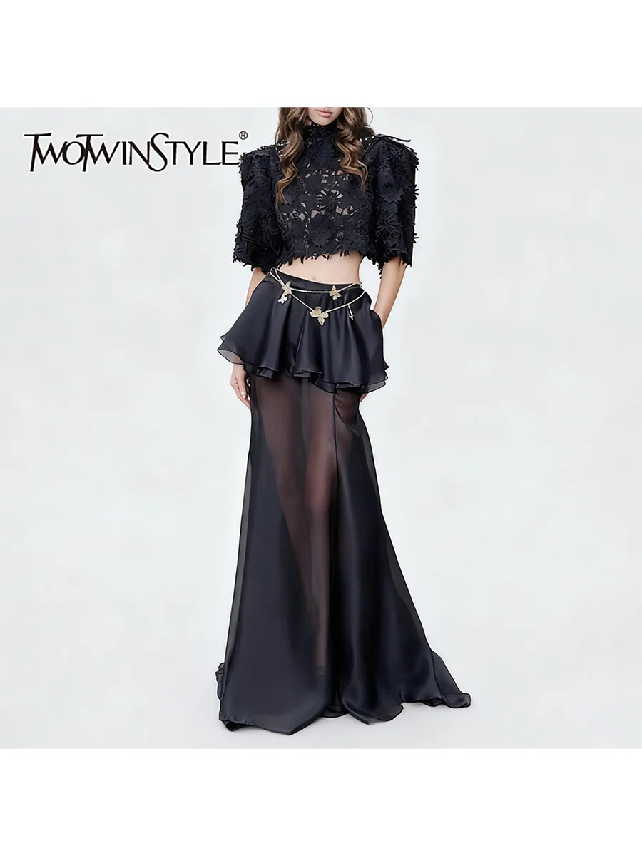 TWOTWINSTYLE Solid Elegant Sheer Two Piece Sets for Women High Neck Half Sleeves Top High Waist Spliced Ruffles Skirt Set Female