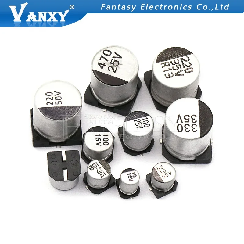 Condensador electrolítico de aluminio SMD, 10 Uds., 10V, 16V, 25V, 35V, 47UF, 50V, 100UF, 220UF, 470UF, 1000UF, 10UF, 22UF, 330UF, 2200UF, 150UF
