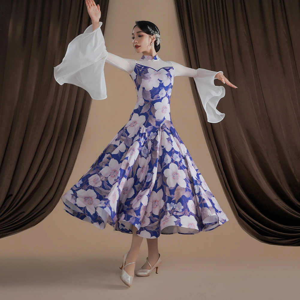 Printed Waltz Dancing Dress Red Long Sleeve Women's Elegant Cheongsam Collar Dance Festival Women Waltz Purple Costume