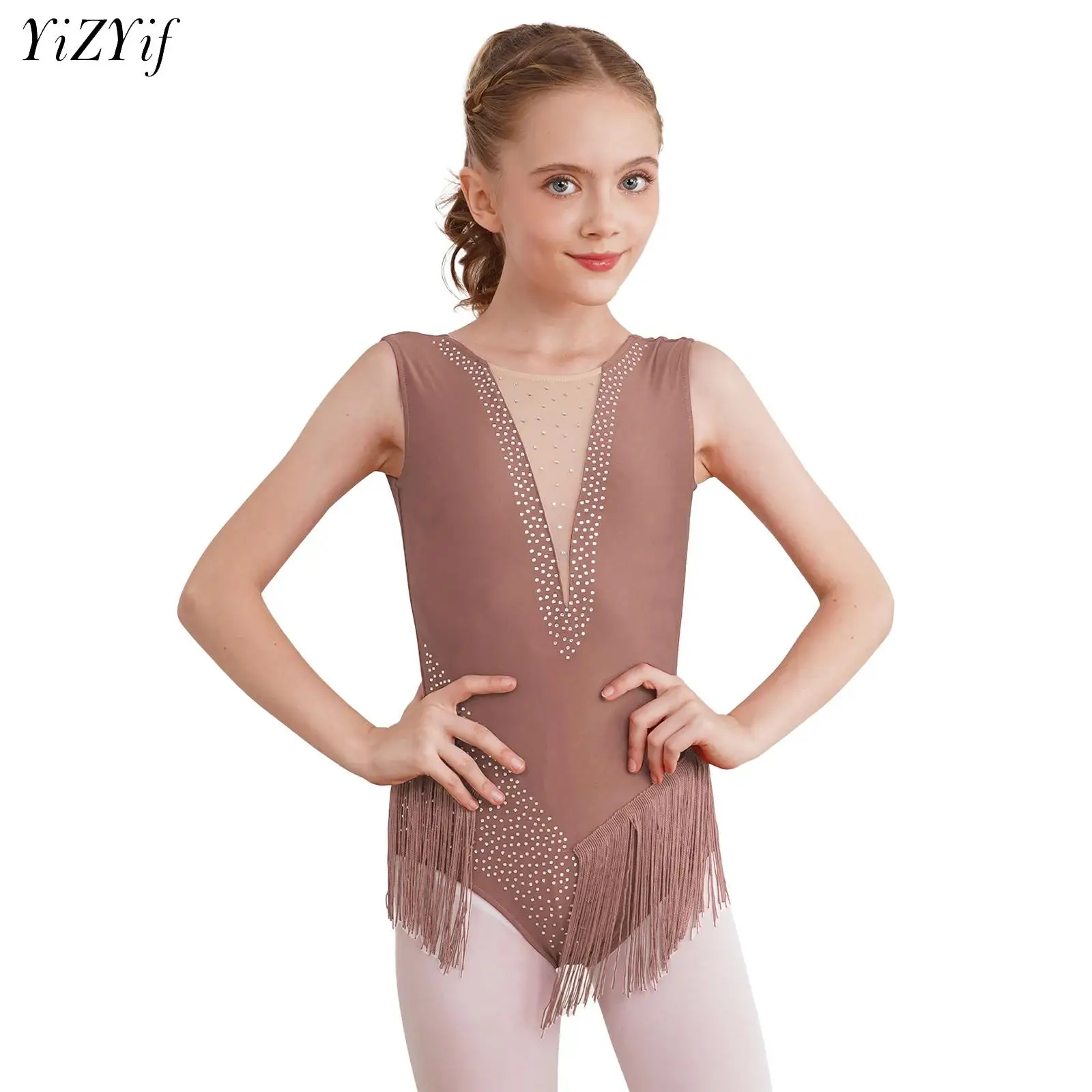 

Kids Girls Rhinestones Tassel Leotard Figure Skating Dance Rhythmic Gymnastics Performance Costume Sleeveless Fringed Bodysuit