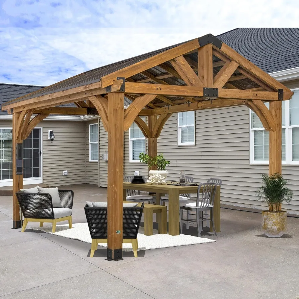 

12' x 12' Cedar Wood Outdoor Gazebo Pavilion with Hardtop Galvanized Steel Peak Roof, Snow Support, Wind Resistance