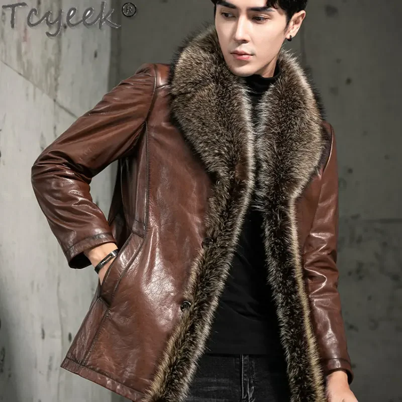 Tcyeek Winter Warm Raccoon Dog Fur Collar Coat Man Natural Mink Fur Liner Jacket Men Clothes Casual Sheepskin Real Leather Coats