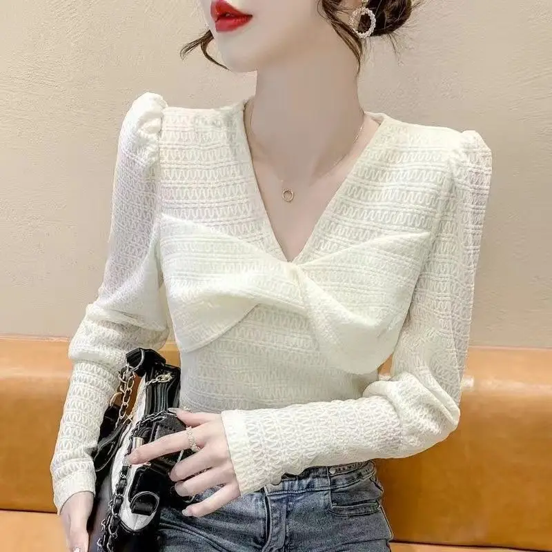 Elegant V-Neck Spliced Solid Color Bow Puff Sleeve Blouse Women\'s Clothing 2024 Spring New Loose Korean Tops Office Lady Shirts