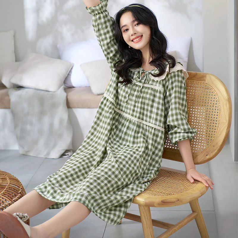 

Plaid Women Woven Cotton Long Nightgowns Sleepshirts Autumn Home Dress Lace Princess Sleepwear O-Neck Nightdress Indoor Clothing