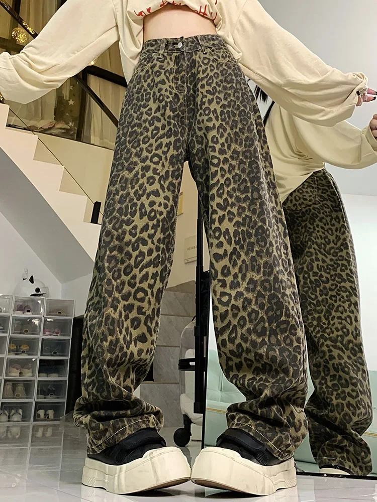 

LIBIELIY Women Loose High Street Wide Leg Punk Leopard Jeans Streetwear Oversized Denim Pants Lady Korean Casual Gothic Cargo T