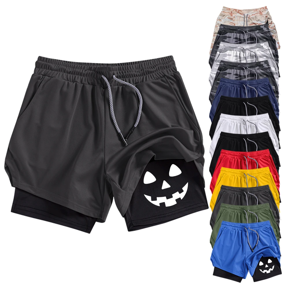 

Summer Men's Double Layer Fitness Shorts with Phone Pocket and Liner "Jack-o'-lantern" Graphic Print Multiple Colors Available