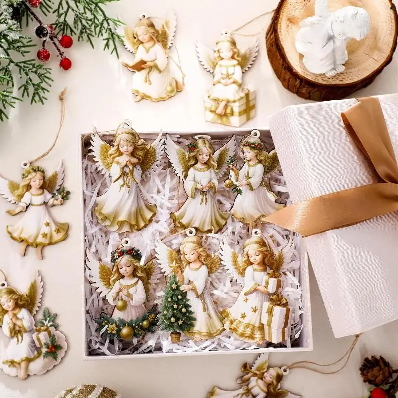 12 szt. Ozdób Świątecznych Vintage Drewniane Białe Aniołki Zawieszki Wesołych Świąt Nowy Rok Prezent Dekoracje na Choinkę