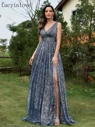 Lucyinlove Luxury V-neck Shiny fabric Evening Dress For Long Elegant Women Mermaid Party Mermaid Prom 2026 Split Cocktail Gowns