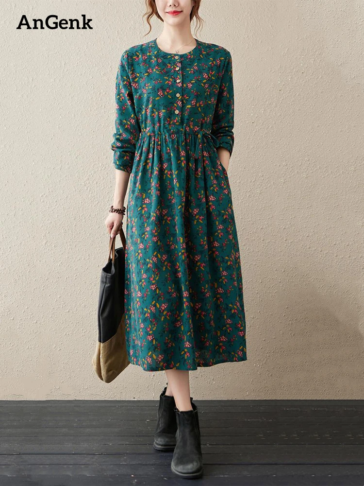 Long Sleeve Cotton Linen Vintage Floral Print Dresses For Women 2024 New Spring Autumn Casual Dress Robe Femme Elegant Clothing