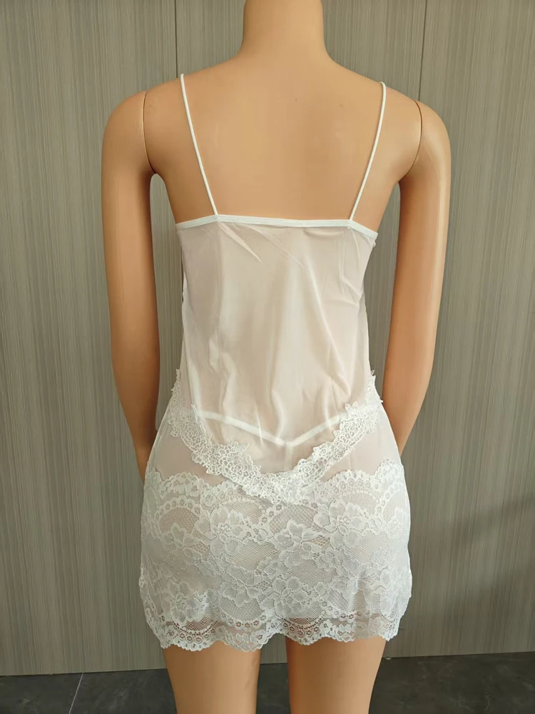 Sexy Spaghettiträger-Minikleid aus transparentem Mesh mit floralen Spitzenapplikationen, durchsichtiges, figurbetontes kurzes Kleid für Damen, Party- und Nachtclub-Outfit – Detail 13
