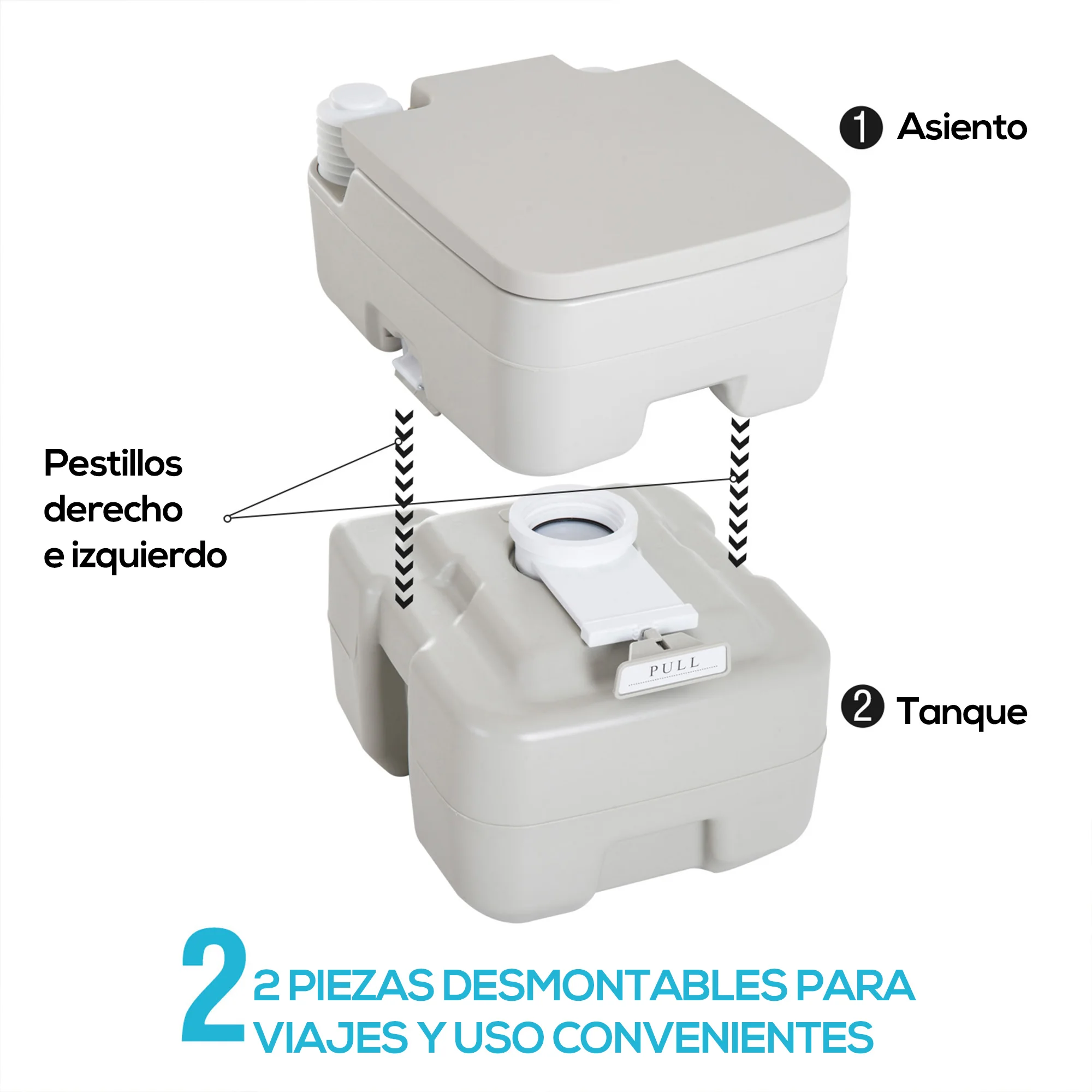 HOMCOM Inodoro Portátil Químico Baño Móvil WC 20L con Extraíble Tanque de Aguas Residuales y Tanque de Agua para Camping Viaje Ancianos Caravana Barco con Cisterna Carga 147 kg 41,5x36,5x42 cm HDPE