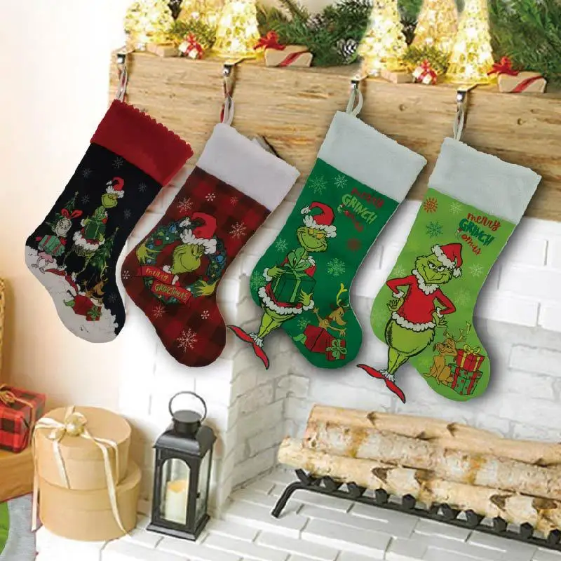 Christmas Socks Green Grinch Monster Christmas Gift Bag Christmas Tree Decoration Children's Christmas Gifts Socks Candy Bags