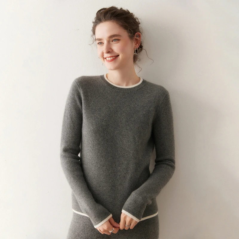 

Elegant Women 100% Cashmere Sweater Fake Two-Pieces O-neck Pullover Tops Comfy Chic Autumn Winter Thick Warm Knitted Blouse