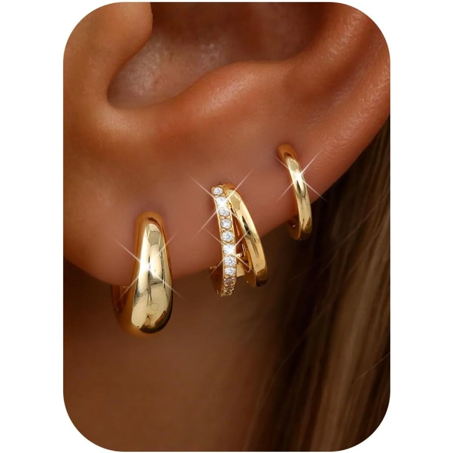 

Drperfect 3Pairs 14K Gold Plated Hoop Earrings for Women Trendy Earring Stacks Chunky Double Hoops Earring Set Piercing Jewelry