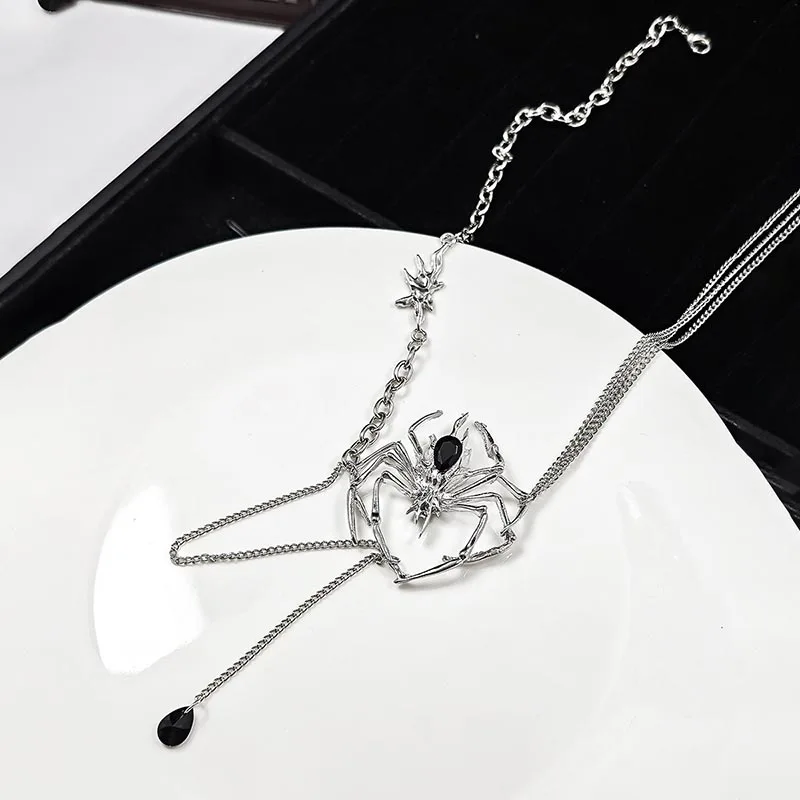 Silver Color Black Crystal Tassel Hanging Spider Pendant Layered Chain Necklace for Women Goth Halloween Y2K Jewelry Streetwear