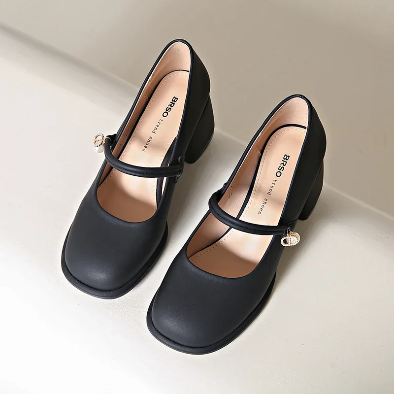 

Women Leather High-heels Shoes 2025 Spring New Fashion Korean Style Soft Bottom Anti-slippery Versatile Chic Mary Jane Lady Shoe