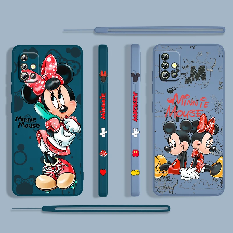 Mickey Minnie Cute For Samsung Galaxy A73 A53 A33 A52 A32 A22 A71 A51 A21S A03S A50 4G 5G Liquid Left Rope Phone Case Cover