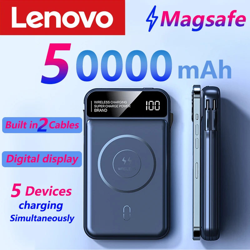 Lenovo 50000mAh Magnetic Wireless Power Bank Built in 2 Cables Fast Charging Portable Battery Charger For iPhone Huawei Samsung