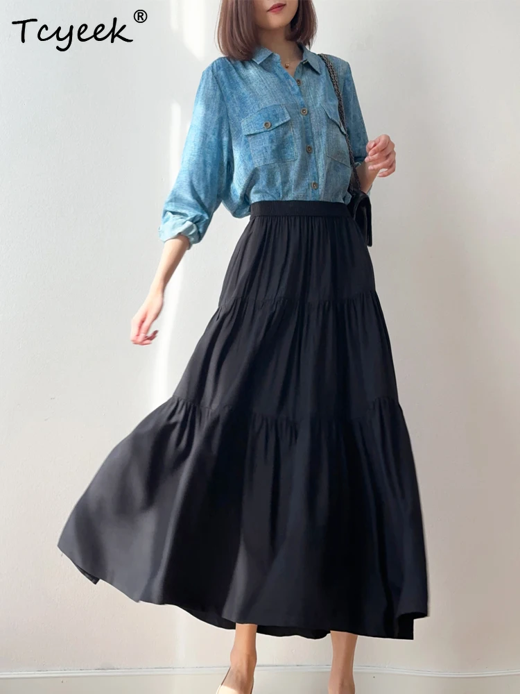 Tcyeek 70% Mulberry Silk +30% Cotton Beach Skirts Woman Clothes Elegant Skirts for Women Fashion Summer Skirt 2026 Юбка Женская