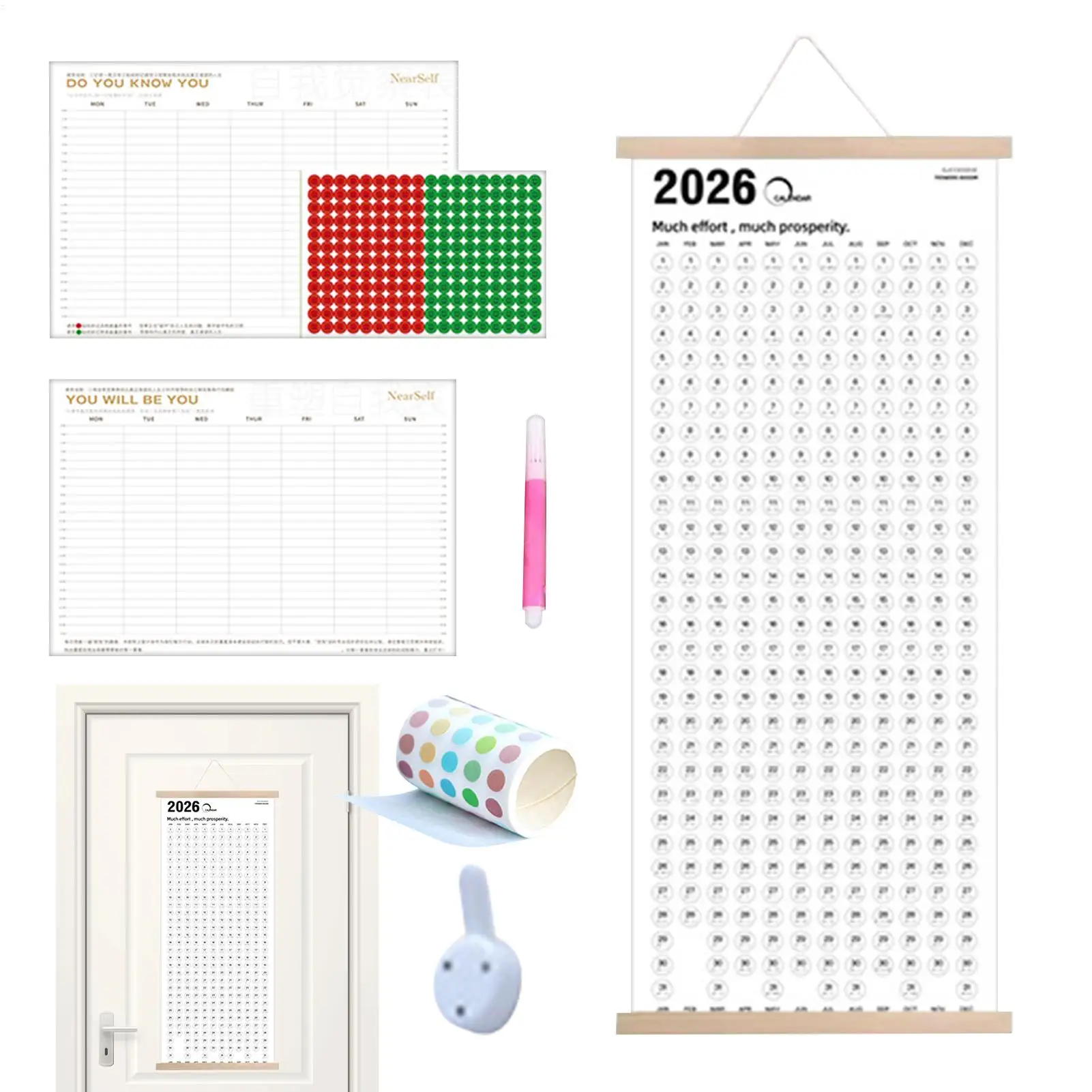 2026-2027 تقويم على الحائط على الوجهين مع جدول خشبي بسيط تقويم حائط كبير مع ملصقات قلم مخطط شهري #2