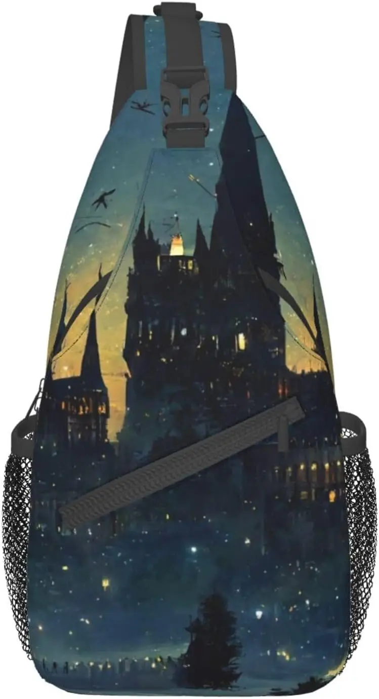 Halloween Wizard Castle Sling Bag Lightweight Crossbody Backpack for Women Men Hiking Travel Over The Shoulder Bag Pouch Daypack