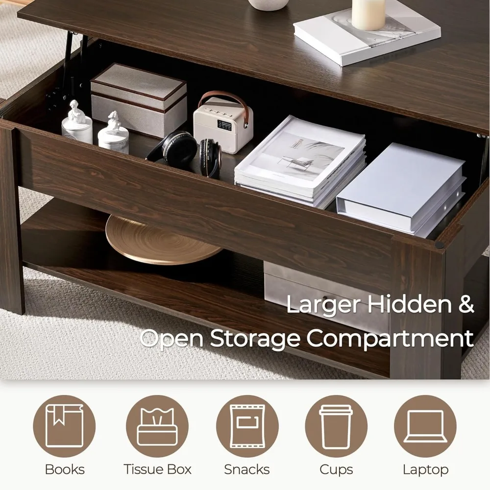 Hidden Compartment Coffee Table with Lift Top and Storage Shelf, Dining Table for Living Room and Reception Area