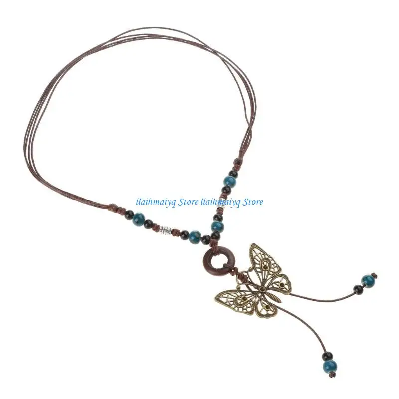 573B Vintage Color Beads Butterflies Necklace for Women Couples Clavicle Chain