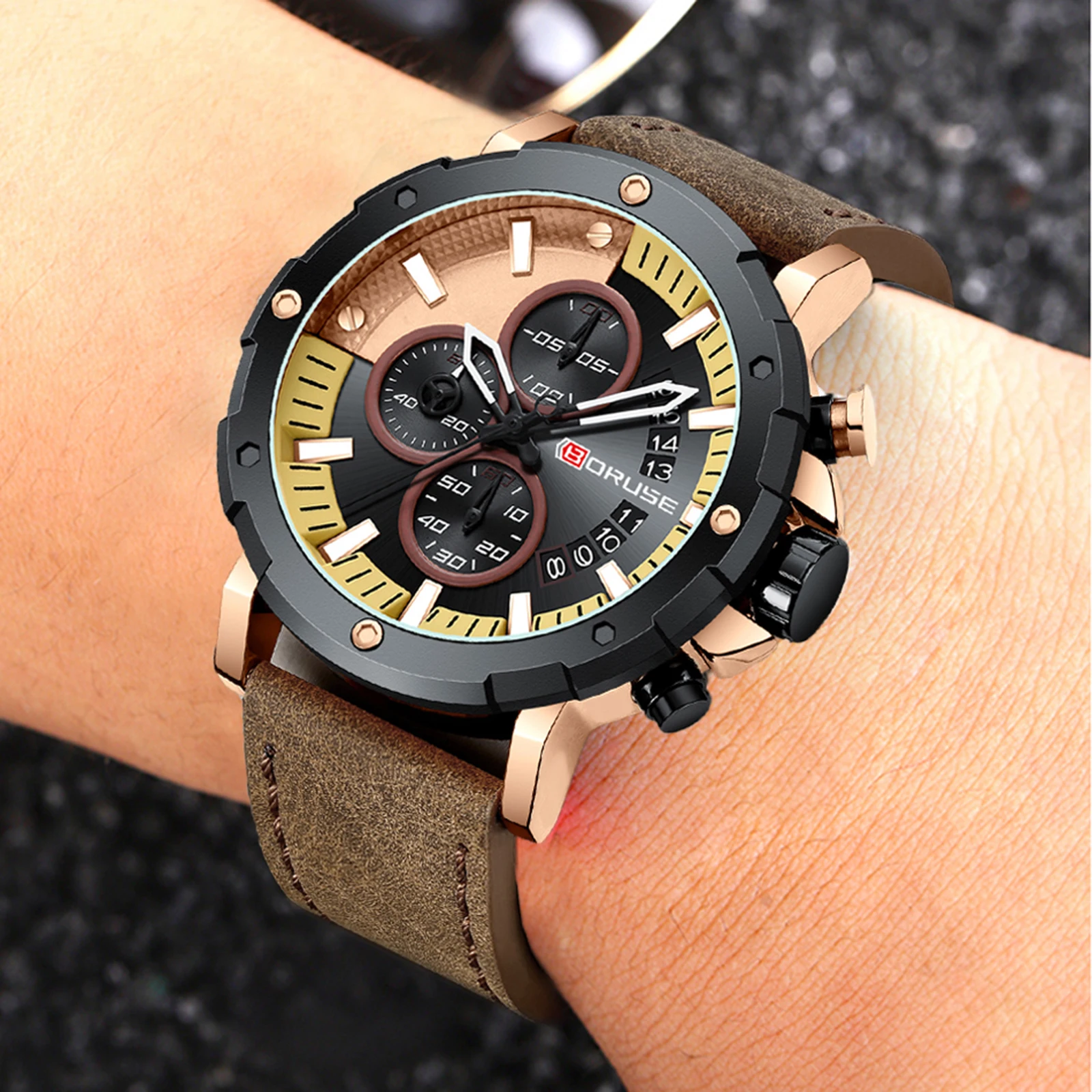 BORUSE Top Luxury Brand Men Sports Watch Male Casual Leather Strap Date Wristwatches Men\'s Quartz Watches Relogio Masculino