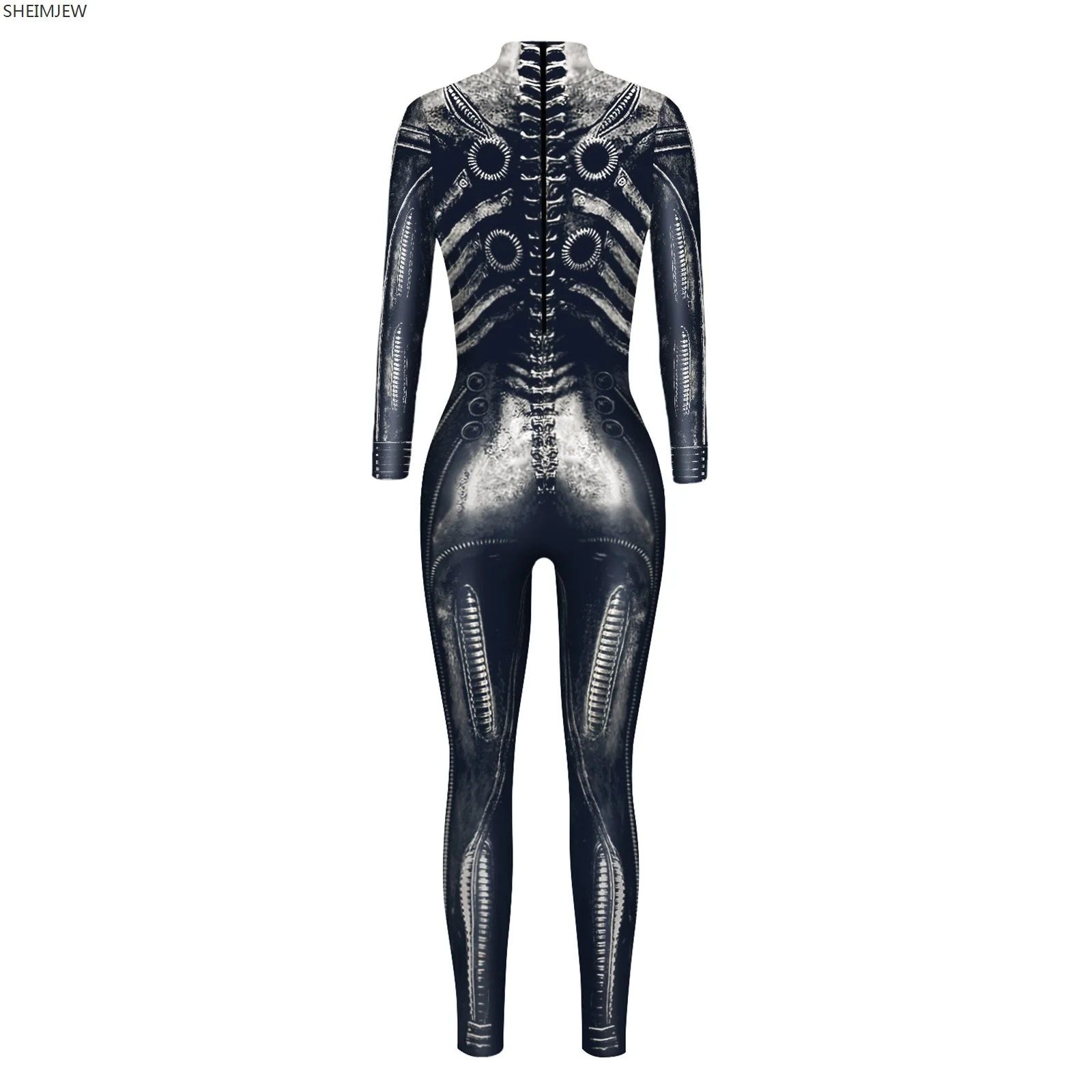 Women Turtleneck Simulation Skeleton 3D Printing Zip Jumpsuit Full Body Bodysuit Halloween Zentai Suit Party Catsuit Rave Outfit